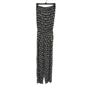 Skemo Gray White Ikat Strapless Jumpsuit Shell Trim Boho‎ Stretch Waist Large
